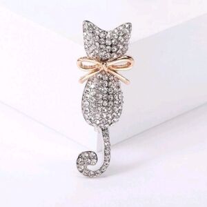 Cat Brooch Pin Rhinestone with Golden Bow